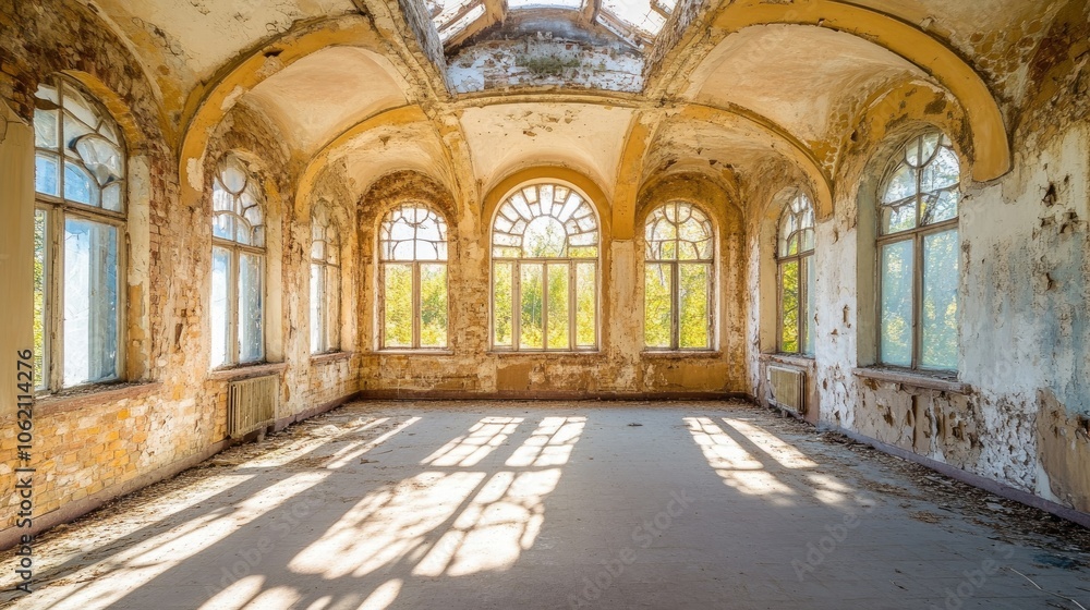 Poster empty, deteriorating hall in an abandoned building, sunlight filtering through broken windows