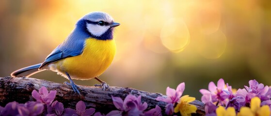 Obraz premium A blue-and-yellow bird sits on a branch, surrounded by purple and yellow blooms Background softly blurred