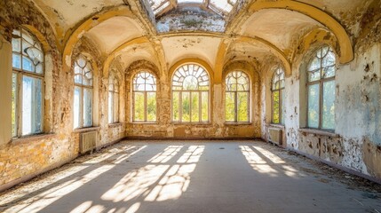 Obraz premium Empty, deteriorating hall in an abandoned building, sunlight filtering through broken windows