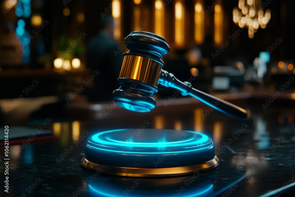 Poster digital hologram of a gavel above a judgeâ€™s bench in a sleek, futuristic setting, capturing the mo