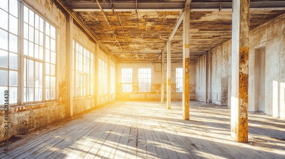 Poster empty, deteriorating hall in an abandoned building, sunlight filtering through broken windows