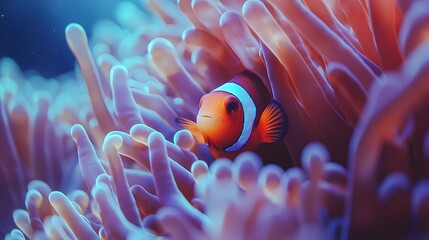 Close-Up View of a Clownfish Nestled Among Vibrant Anemone Tentacles in a Tranquil Underwater Scene, Highlighting the Beauty of Coral Reef Ecosystems

