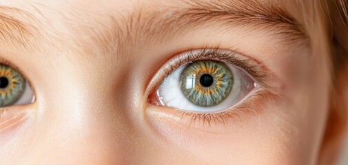 Fototapeta premium Innocent Gaze Enchanting Macro View of Child's Green-Eyed Beauty, Soft Skin Background - Intimate, Vulnerable, Detailed Close-Up for Eye Care, Portraits
