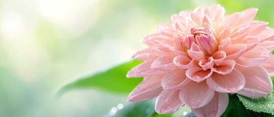  A tight shot of a pink bloom, adorned with water beads on its petals In the backdrop, verdant leaves