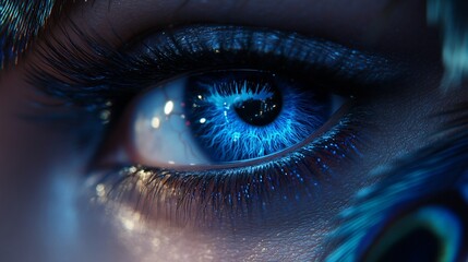 Fototapeta premium Close-up of a woman's blue eye with long eyelashes, glistening with light, and a feather in the corner.