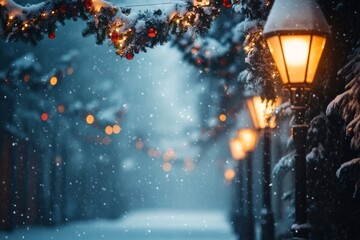 snow covered street with vintage streetlights lanterns and festive garlands hanging above, creating a charming Christmas atmosphere