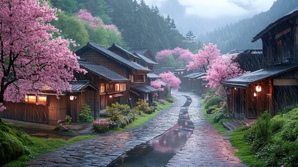 Fototapeta premium Japanese Village in Blossom Bloom with Winding Path and Reflective Stream