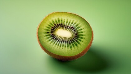 Macro Shot of a Freshly Sliced Kiwi Fruit with Vibrant Green Flesh, Detailed Seed Pattern, and Textured Skin on a Soft Gradient Background. Ideal for Health, Nutrition, and Food Design
