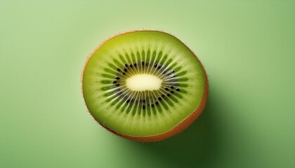 Macro Shot of a Freshly Sliced Kiwi Fruit with Vibrant Green Flesh, Detailed Seed Pattern, and Textured Skin on a Soft Gradient Background. Ideal for Health, Nutrition, and Food Design