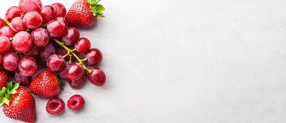  Red grapes and strawberries on a white surface A green leafy stem holds the grapes, while two red berries rest next to the frame