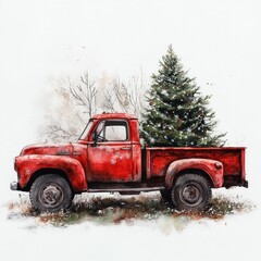 Watercolor draw red truck with green Cristmas tree isolated on white background