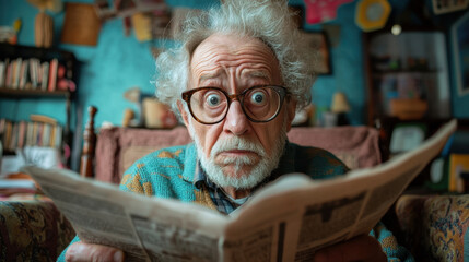 An elderly man with wild hair and glasses looks shocked while reading a newspaper in a colorful, cluttered room.