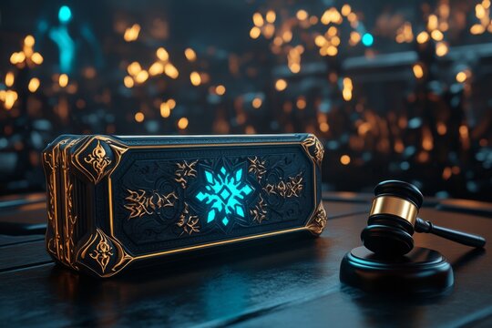 Enchanted judgeâ€™s bench with mystical symbols and a glowing gavel, capturing the mystical and authoritative atmosphere of fantasy courtrooms, symbolizing respect and authority