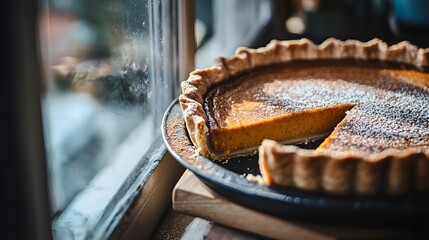 A beautifully baked pumpkin pie with a perfectly golden crust and a slice delicately removed, resting on a wooden board by a rain-kissed window, evoking a sense of warmth and comfort

