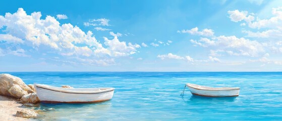 Naklejka premium A few boats bob on a body of water, beside a rocky shore Above, a cloudy blue sky stretches