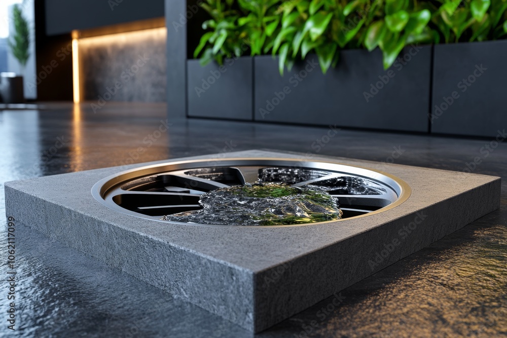 Poster flat 2d depiction of a sink drain with circular water movement, capturing the accessible and organiz