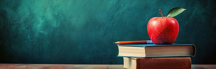 Apple on a stack of books with pencils and a blank chalkboard. created with Generative AI technology