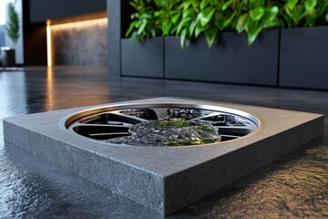 Flat 2D depiction of a sink drain with circular water movement, capturing the accessible and organized nature of household functions, symbolizing simplicity and order