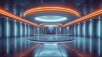 A futuristic, circular hall with neon lights in a modern building. The scene is advanced and minimalistic, highlighting futuristic architecture and innovative design.