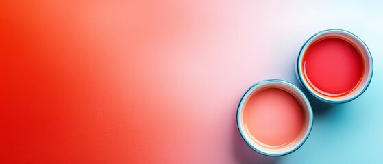  Two cups placed beside each other on a blue-red countertop near a wall with red and blue hues