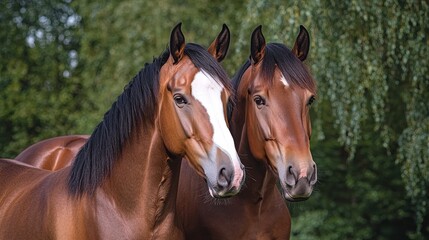 Obraz premium Majestic Brown Horses Close-Up Portrait in Natural Setting with Soft Lighting and Foliage Background - Serene Equine Beauty for Equestrian Marketing