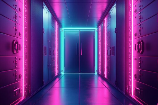 purple blue neon glowing futuristic data vault with neon lights and secure locks, representing advanced cybersecurity technology