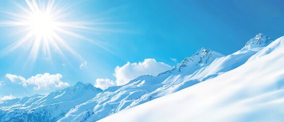  A bright sun shines over a snowy mountain range, its peak bathed in radiant light