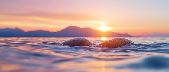Fototapeta premium Two rocks nestled in a tranquil body of water as the sun sets in the distant horizon