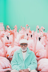 Obraz premium Elderly Man in 1970s Fashion Surrounded by Flamingos on Mint Green Background