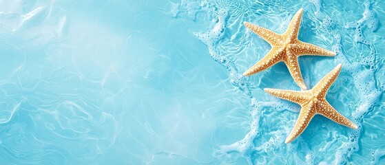  Two starfish on a blue surface, surrounded by water in the background A gentle wave ascends from the bottom