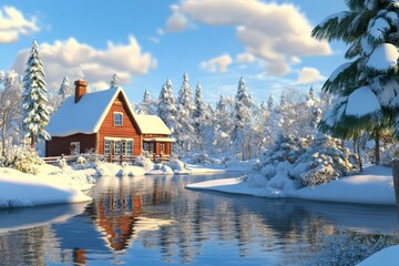 Fototapeta premium Merry Christmas. 3d Winter holiday landscape cartoon with snowdrifts and snowy fir trees