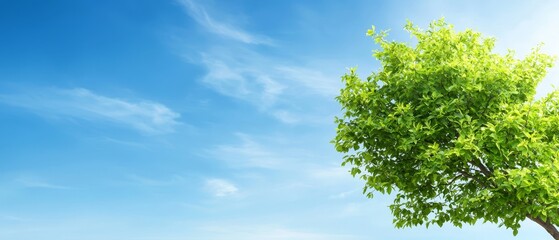 Fototapeta premium A solitary tree in the expanses of a green field Above, a clear blue sky adorned with scattered clouds