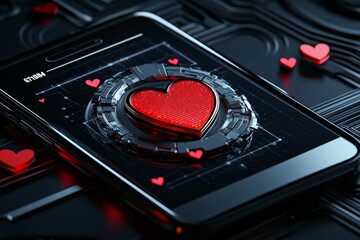 Futuristic message on a digital screen with hearts and emojis, capturing the sleek and modern look of texting a crush in the future, symbolizing excitement and modern romance