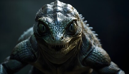 Fototapeta premium A Haunting Surreal Image Featuring a Reptilian Creature Masterfully Disguised as a Human, Perfect for Exploring Themes of Identity and Deception