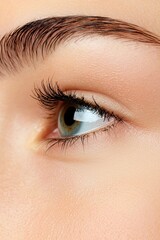 A stunning close-up of a blue eye, showcasing natural eyelashes and soft skin tones.