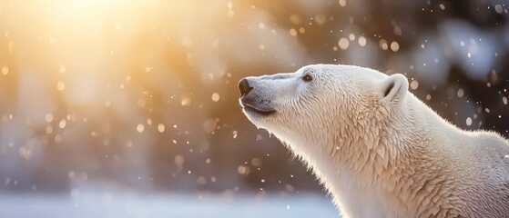 Fototapeta premium A polar bear gazes upward, snowflakes descending around him, trees behind faintly visible through the winter landscape