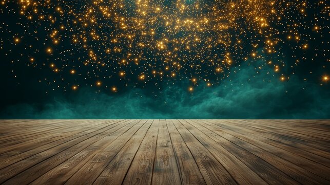 Mystic Wooden Floor Under Starry Teal Night Sky - Atmospheric Digital Render