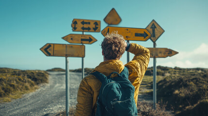 A traveler contemplates multiple road signs, indicating various directions amidst a scenic landscape, highlighting the theme of exploration and decision-making.
