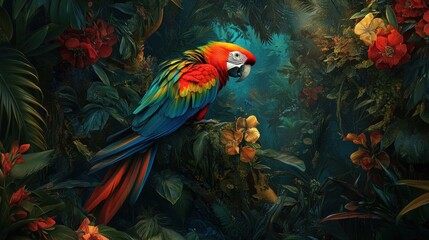 Obraz premium A Scarlet Macaw Perched Amidst Lush Tropical Foliage
