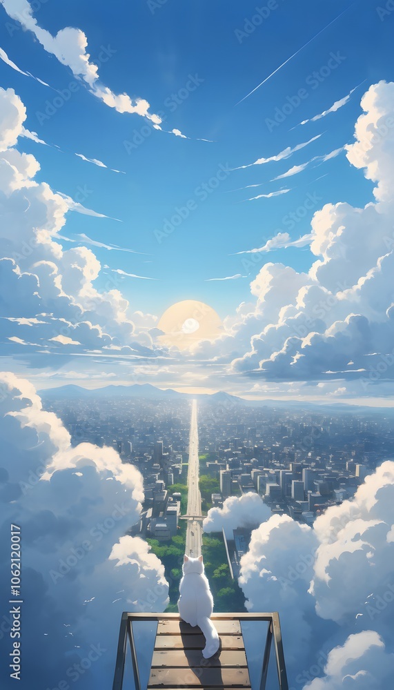 Aufkleber a serene white cat floating in the sky: an ethereal vision of tranquility and whimsy perfect for dre