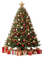 Fully decorated Christmas tree with classic ornaments, shiny tinsel, and twinkling string lights, isolated on a transparent background with a slight snowy frost.
