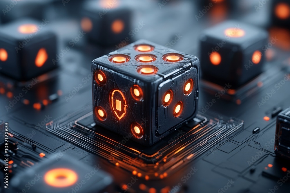 Poster Holographic dice showing a roll of seven with glowing dots, capturing the sleek and high-tech aspect of futuristic games of chance, symbolizing modernity and style
