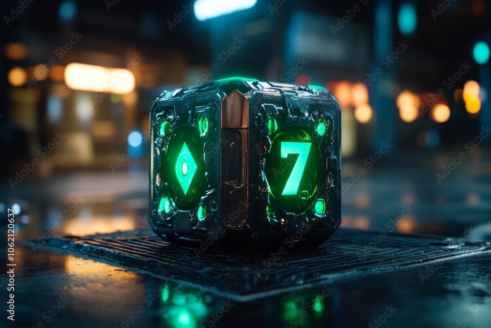 Poster Holographic dice showing a roll of seven with glowing dots, capturing the sleek and high-tech aspect of futuristic games of chance, symbolizing modernity and style