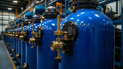 Fototapeta premium Precision Engineering in Industrial Setting - Closeup of Blue Cylindrical Tanks in Manufacturing Facility, Bright Lighting and Metallic Details, Industrial Strength Concept