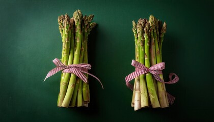 Elegant Bundle of Fresh Green Asparagus Stalks Tied with a Golden Ribbon on a Textured Dark Green Background. Ideal for Healthy Eating, Farm to Table, Seasonal Recipes, and Spring Vegetable Promotion