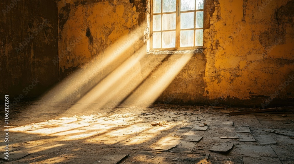 Poster Sunlight illuminating a broken floor and decaying walls in an empty, abandoned building