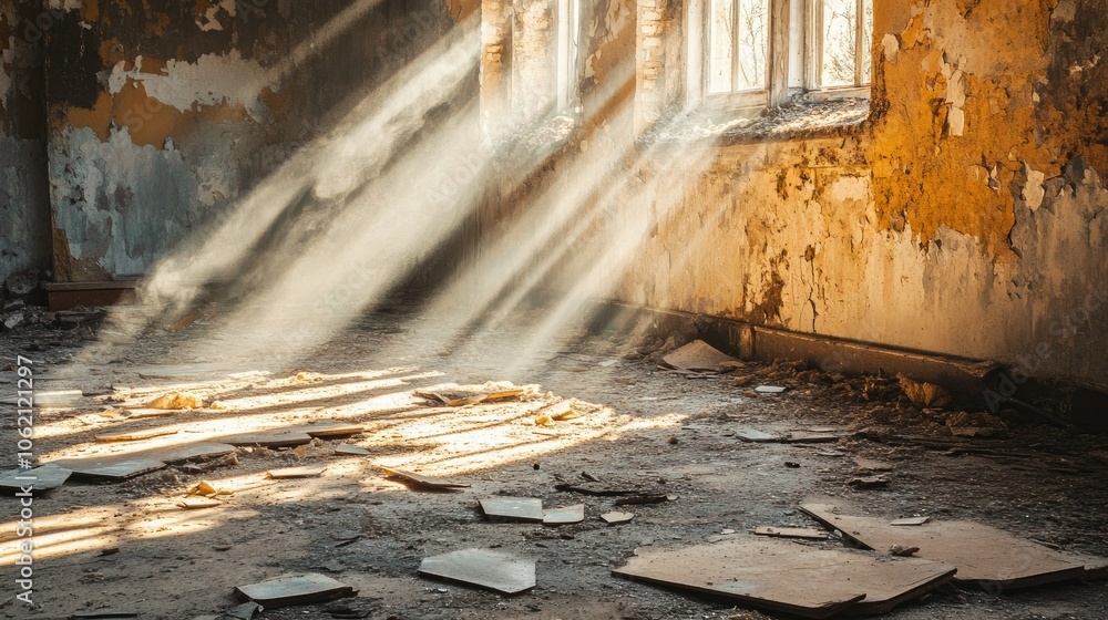 Poster Sunlight illuminating a broken floor and decaying walls in an empty, abandoned building
