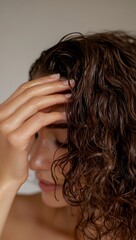 Obraz premium A close-up of the woman's hand running her fingers through her curly hair, using an organic shampoo product for thickening hair. generative ai