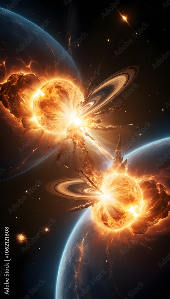 Poster Dramatic Collision of Two Large Glowing Objects Amidst Explosive Light Bursts Signifying Cosmic Events and Their Impact on Space