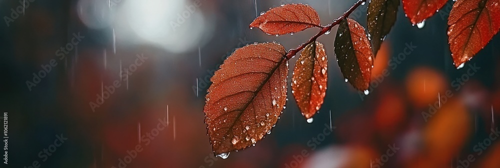Poster single red leaf on a branch with rain drops falling in the background.